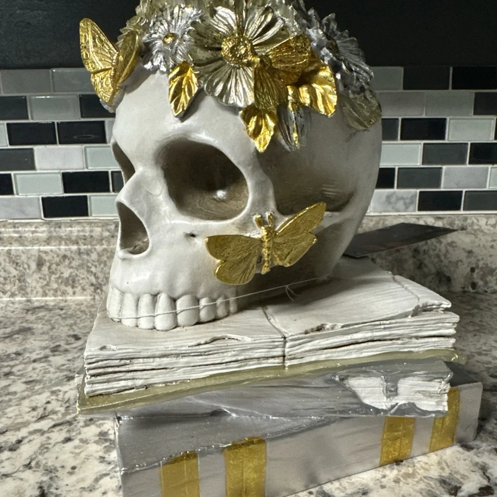 Christian Lacroix Skull on Stacked Books Creepy Halloween Skeleton Butterflies